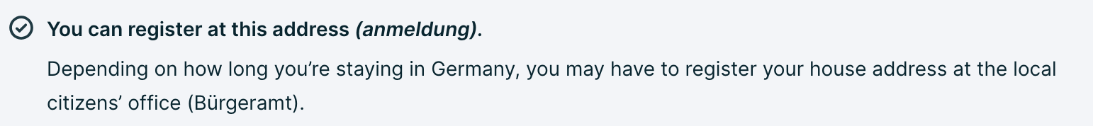 HousingAnywhereの物件ページに表示されたYou can register at this address (anmeldung)という住民登録可能の案内